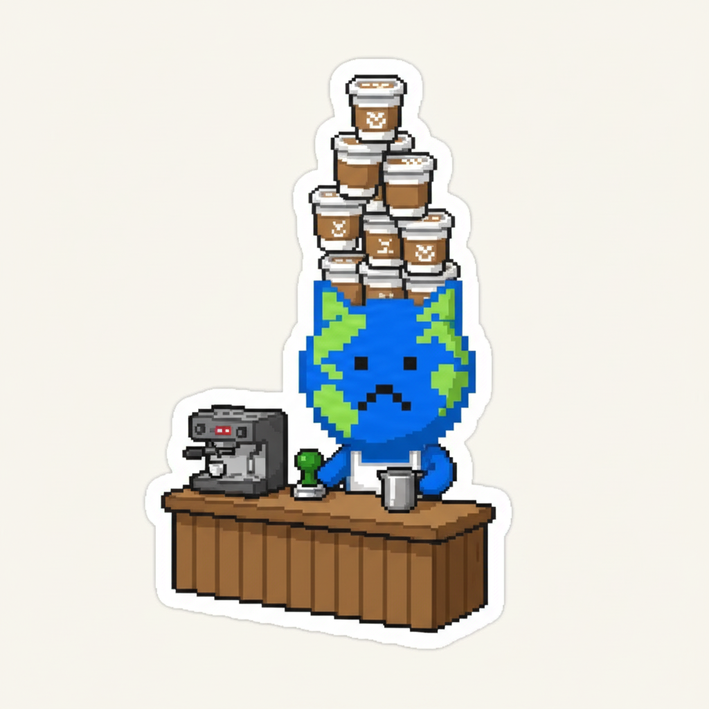 MemeCat is a tiny barista, overwhelmed by a towering stack of latte orders during the morning rush.