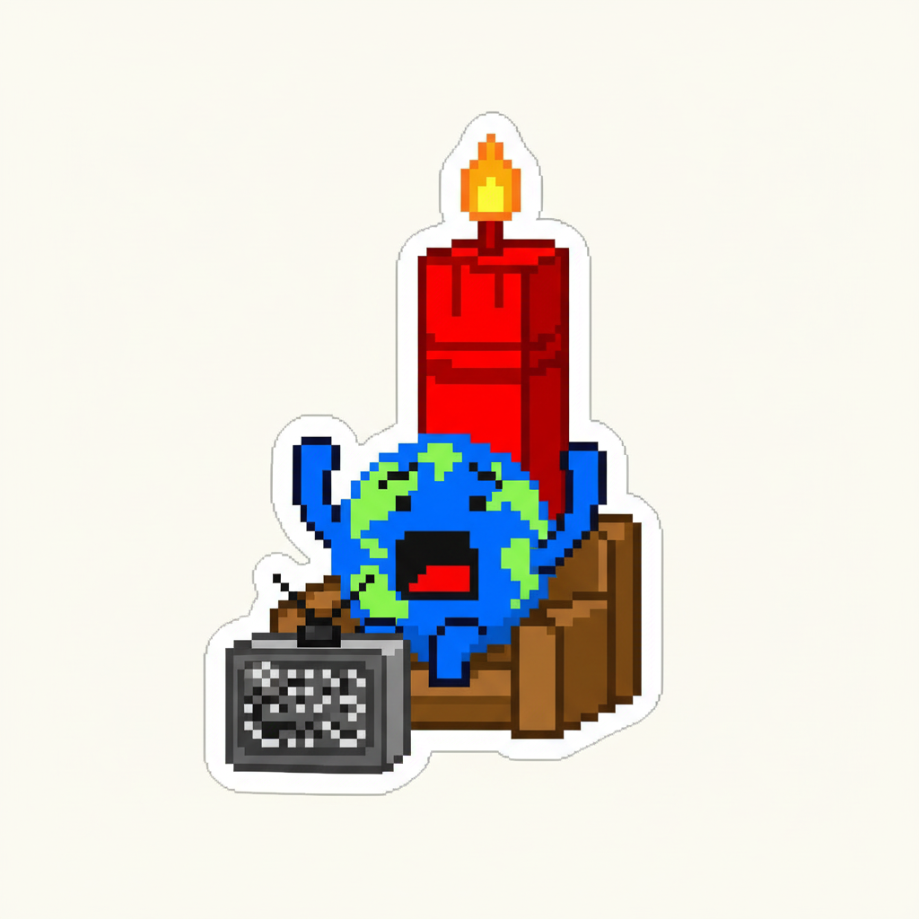 STICKER. Mascot, mid-scream, startled by a giant red candlestick popping up from behind the couch while watching TV.