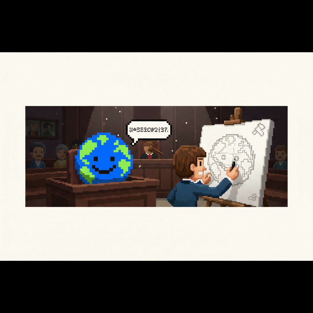 Mascot, in a dimly lit courtroom, being sketched by a hurried court artist during a dramatic testimony.