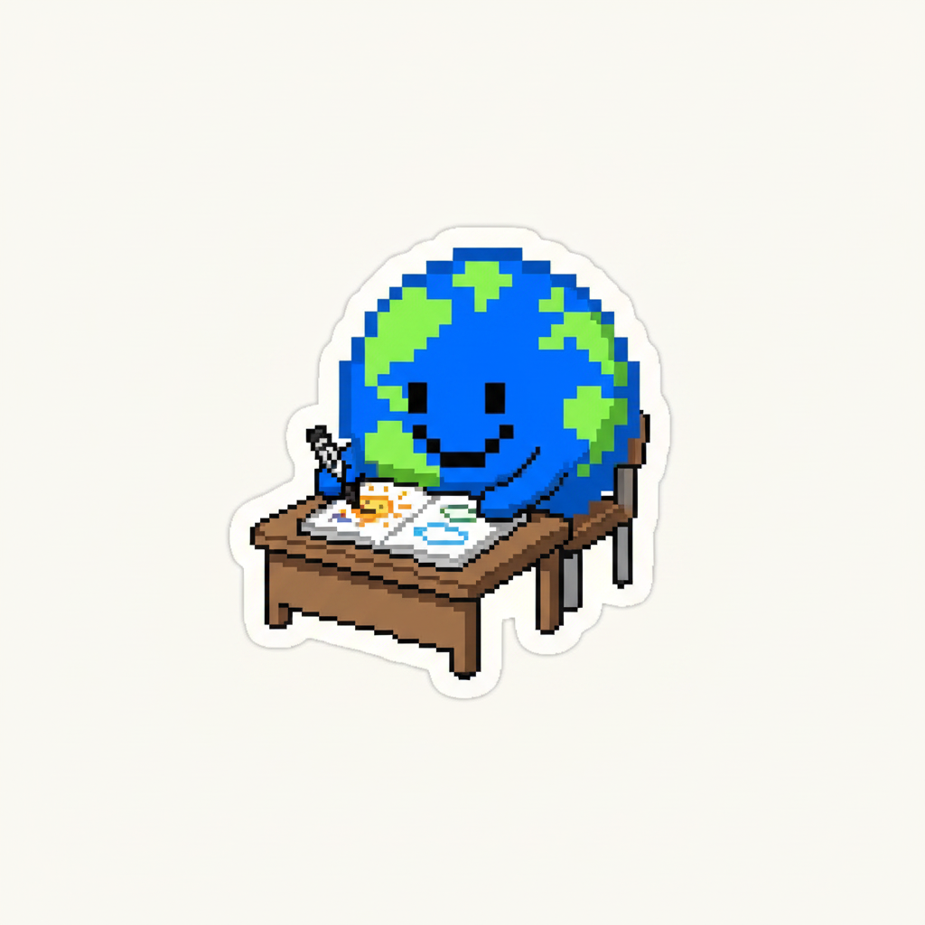 STICKER. Mascot, hunched over a tiny desk, meticulously coloring inside the lines of a child's coloring book with intense concentration.