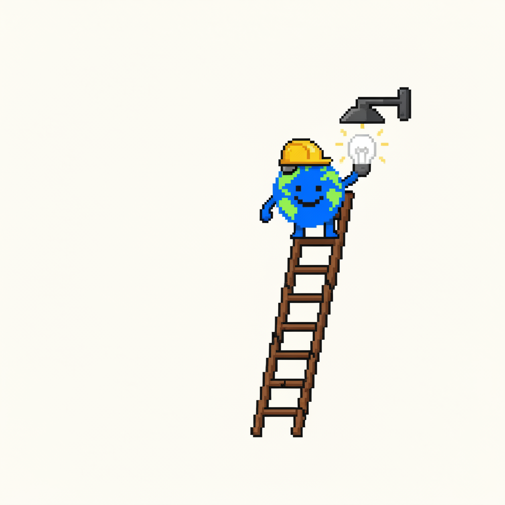 Mascot, wearing a tiny, ill-fitting construction helmet, precariously balanced on a single rickety ladder, trying to change a lightbulb.