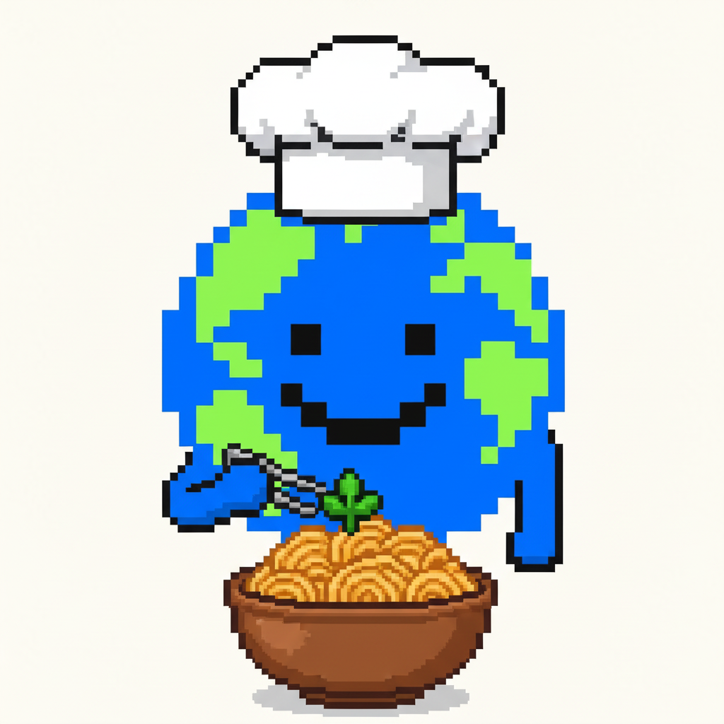 Mascot, wearing a chef's hat, meticulously garnishing a plate of instant noodles with a single parsley sprig.