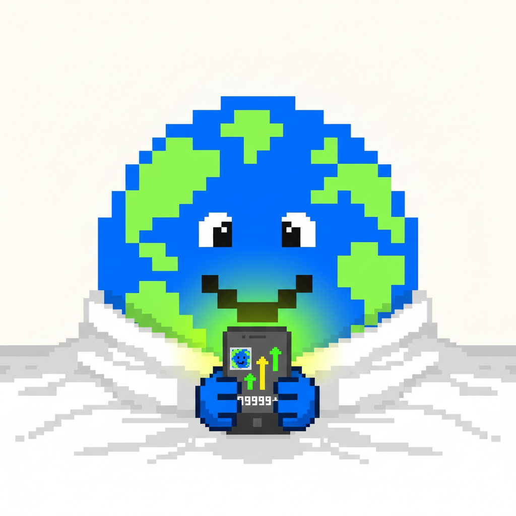 Mascot, startled awake, tangled in bedsheets, seeing its portfolio rocket on a glowing phone screen.