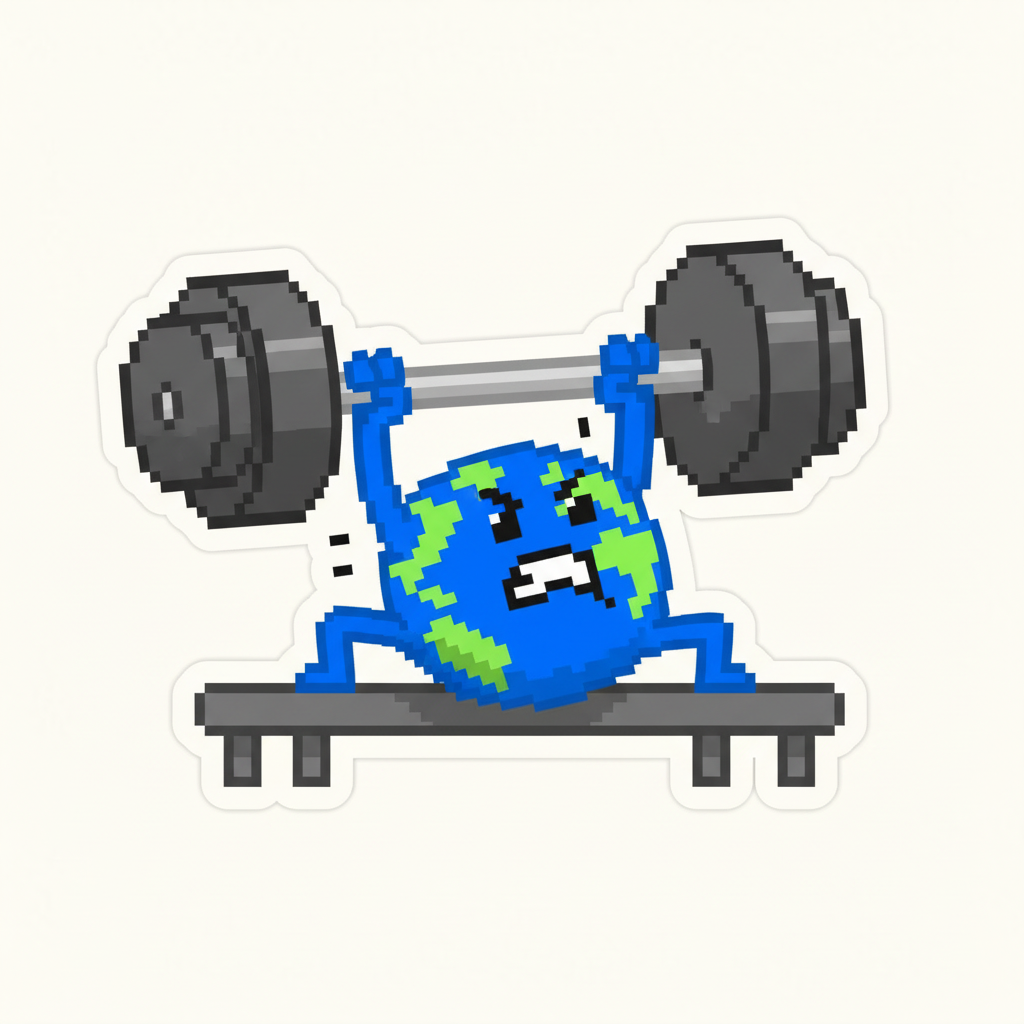 Mascot, dramatically attempting to bench press a ridiculously oversized dumbbell, straining with a grimace.