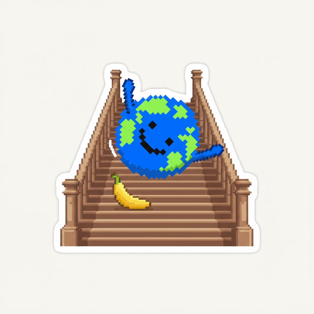 STICKER. Mascot, frozen mid-air, comically tumbling down a grand staircase after tripping on a banana peel.