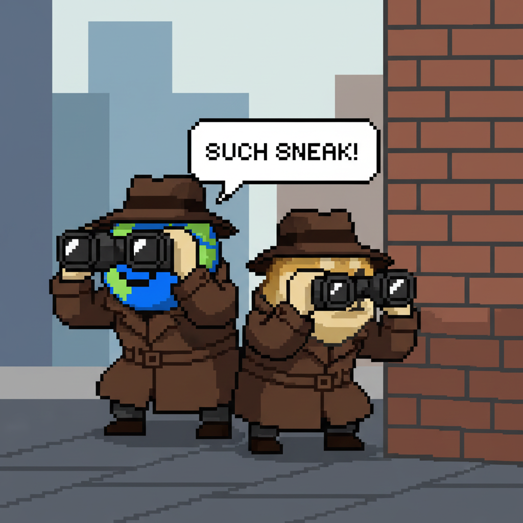 The first mascot and the second mascot, both wearing oversized trench coats, peeking around a corner with binoculars during a stakeout.