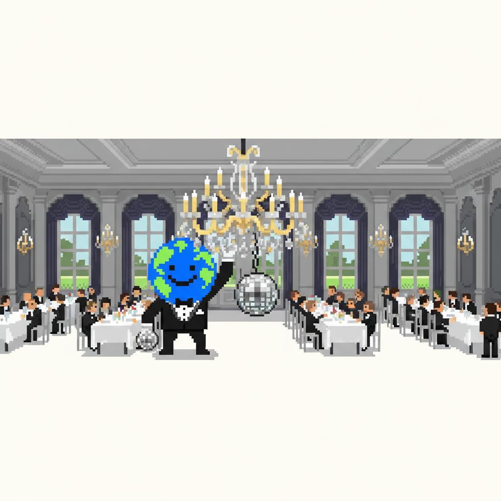BANNER. Mascot, wearing a tuxedo, attempting to discreetly replace a massive, ornate chandelier with a disco ball during a fancy gala.