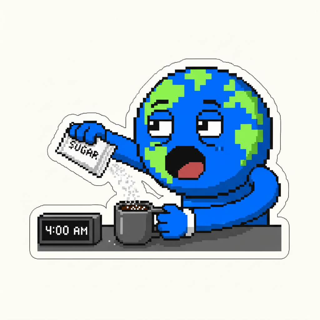 STICKER. Mascot, mid-yawn, pouring a comically large amount of sugar into a cup of instant coffee at 4 AM, eyes glued to a monitor.