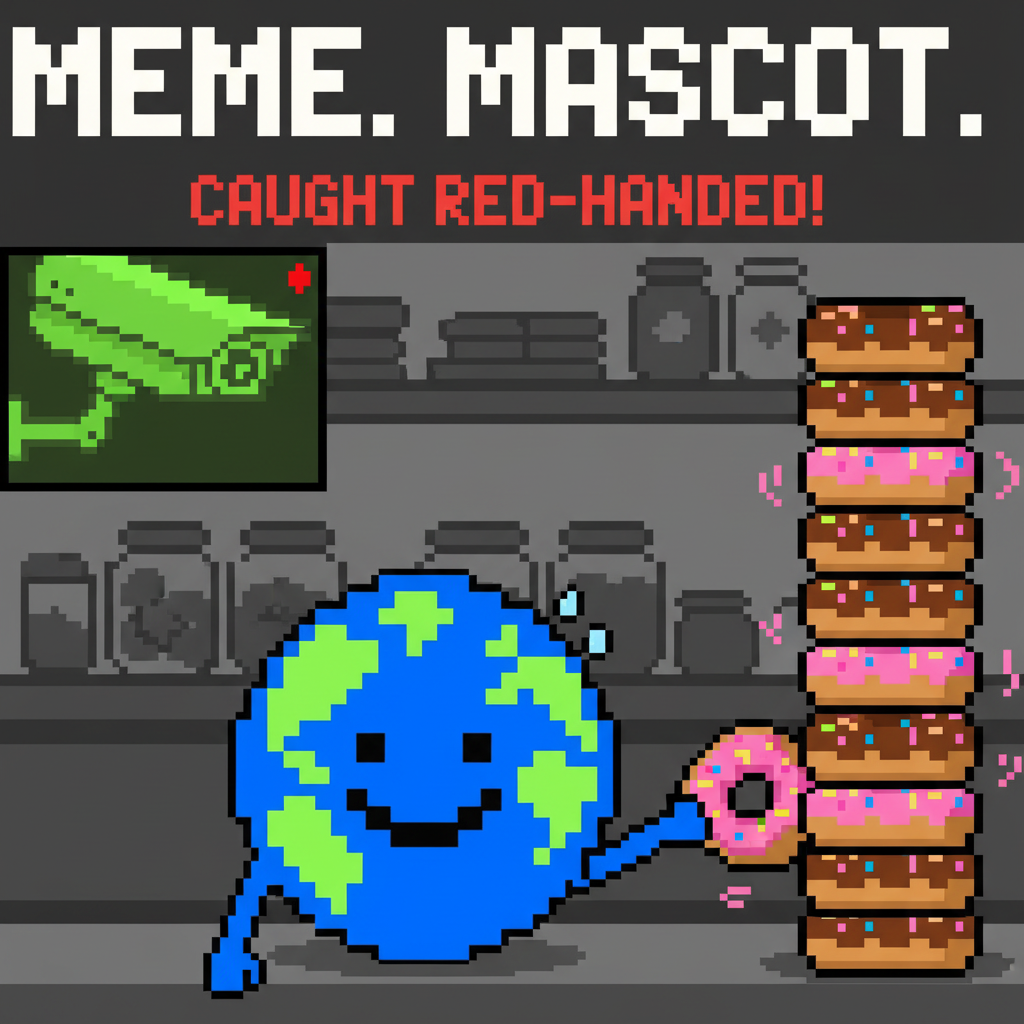 MEME. Mascot, caught red-handed by a security camera, attempting to swipe a single donut from a towering display.