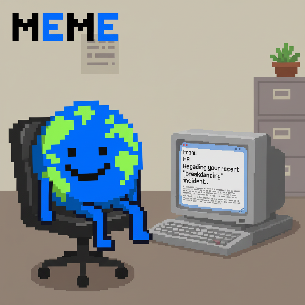 MEME. Mascot, slumped in an office chair, staring blankly at a monitor displaying an email from "HR" with the subject "Regarding your recent 'breakdancing' incident.