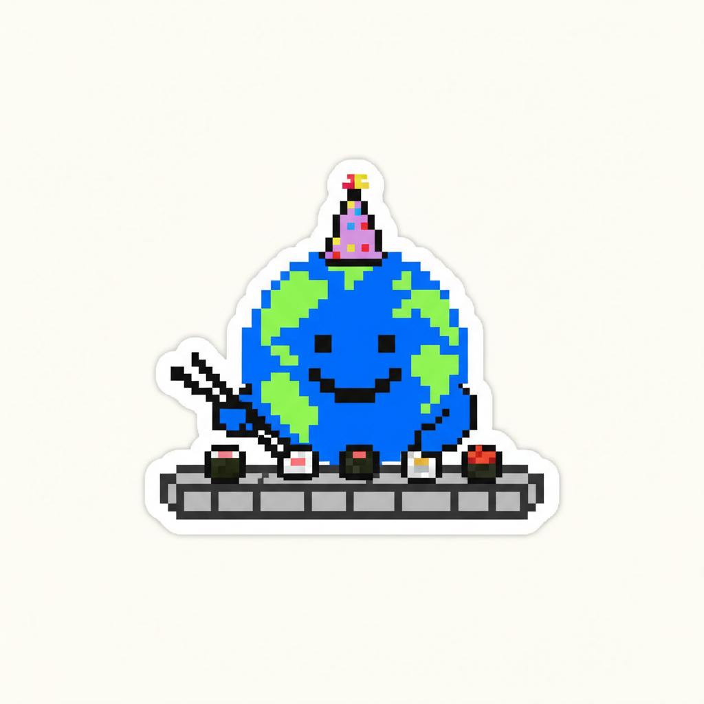 STICKER. Mascot, wearing a tiny paper hat, meticulously arranging miniature sushi pieces on a toy conveyor belt.