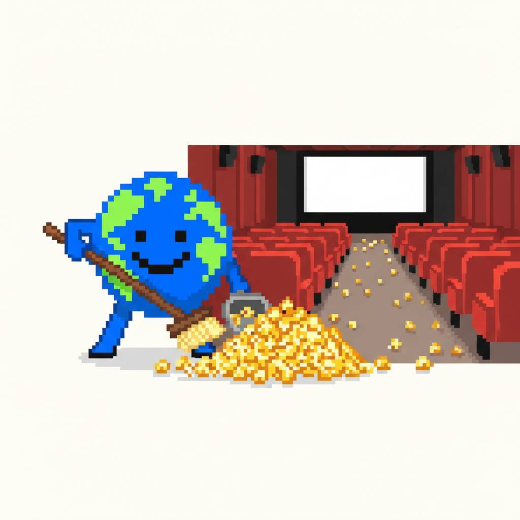 Mascot furiously sweeping up a mountain of spilled popcorn in an empty movie theater.