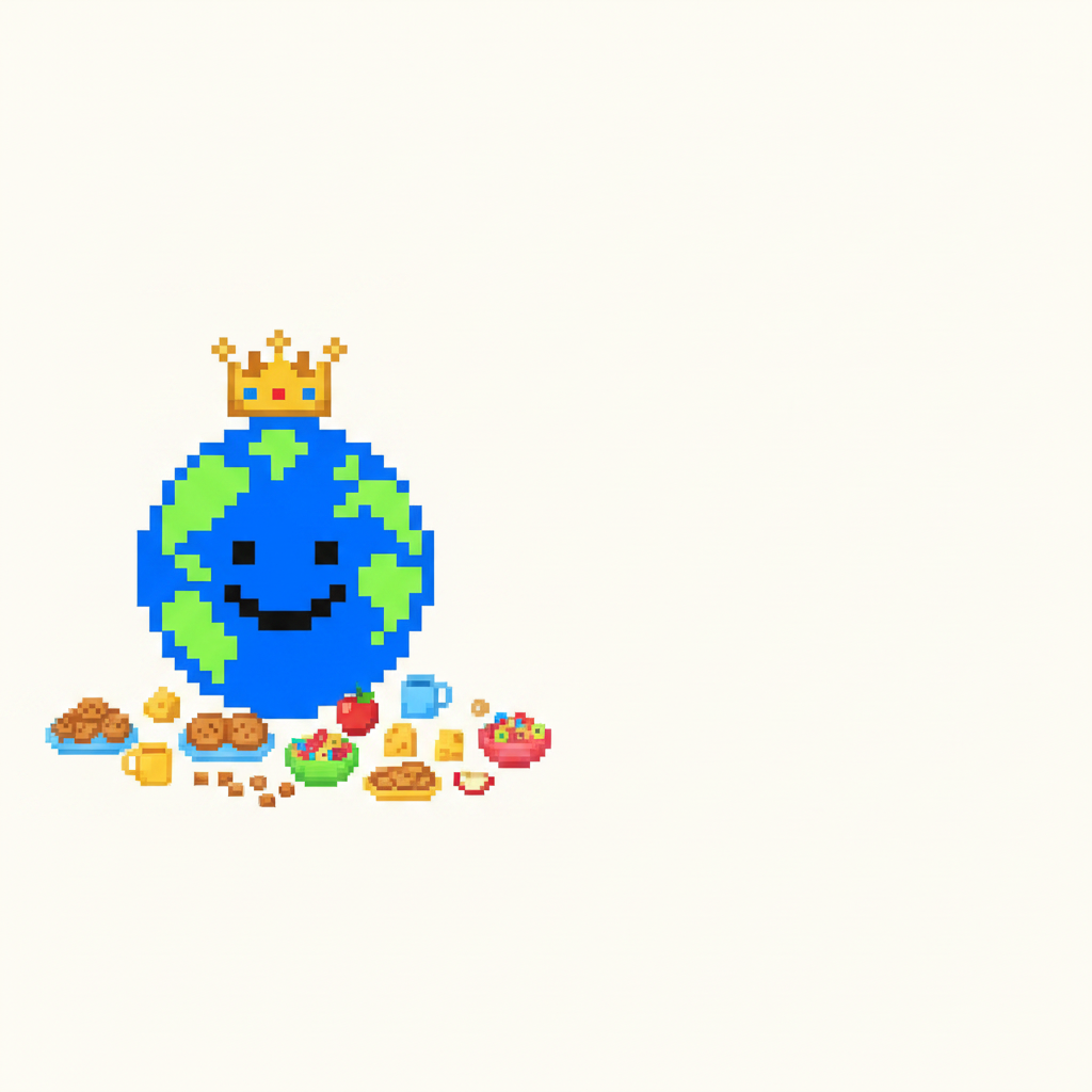Mascot, wearing a tiny paper crown, presiding over a meticulously crafted miniature feast of crumbly snacks.