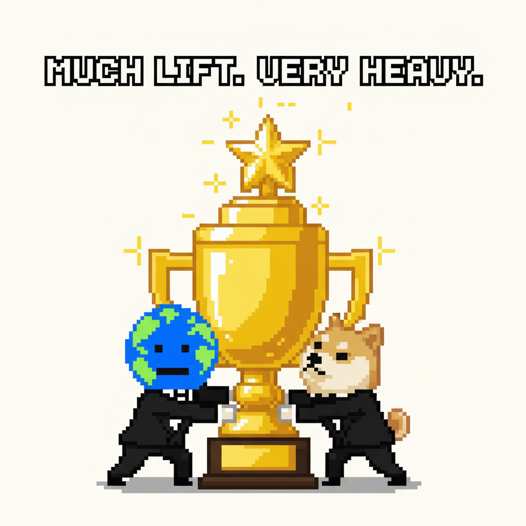 The first mascot and the second mascot, dressed in matching ill-fitting tuxedos, struggling to lift a comically oversized, shimmering trophy.