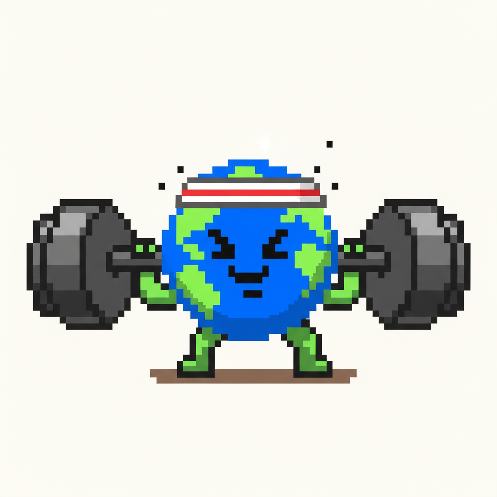 MEME. Mascot, with a tiny sweatband on its head, struggling to lift a comically oversized dumbbell.