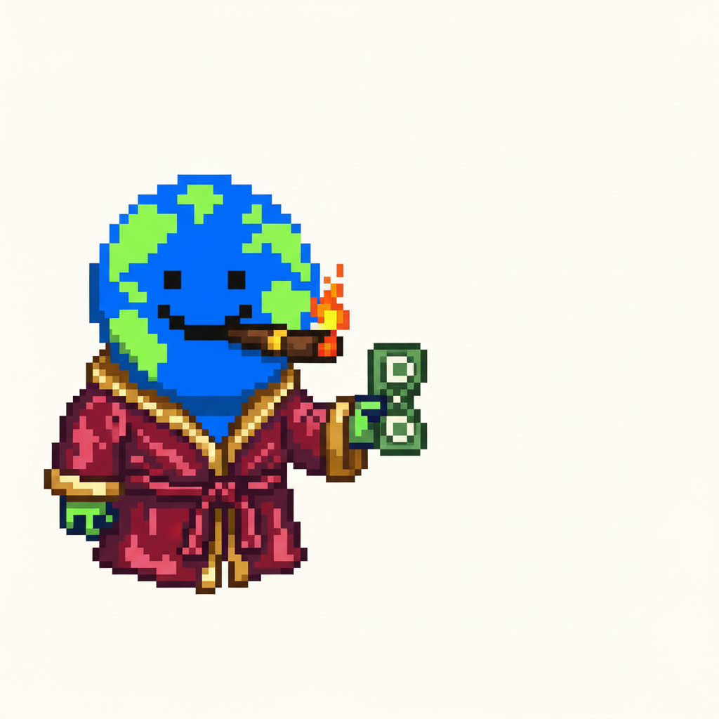 Mascot, in a silk robe, casually lighting a cigar with a burning hundred-dollar bill.