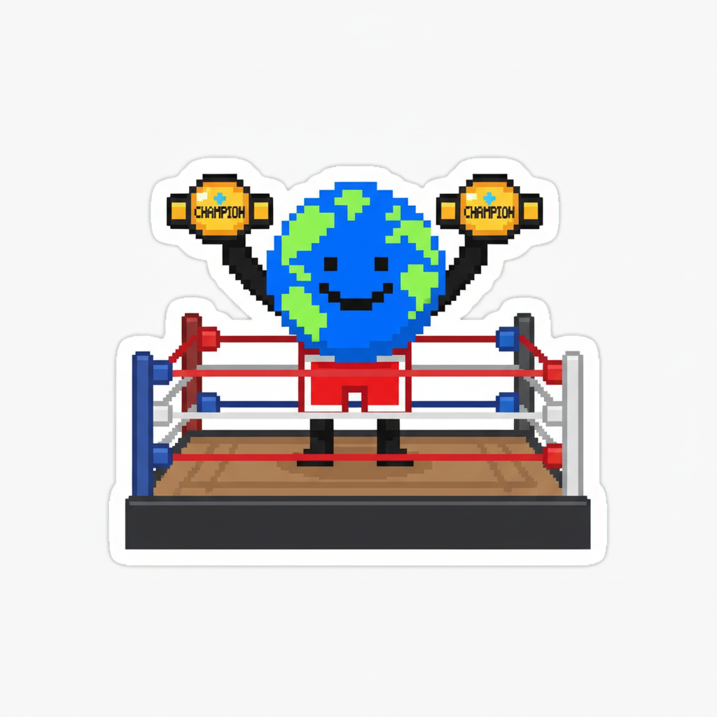 Mascot, in a boxing ring, raising championship belts high with a look of exhausted triumph.