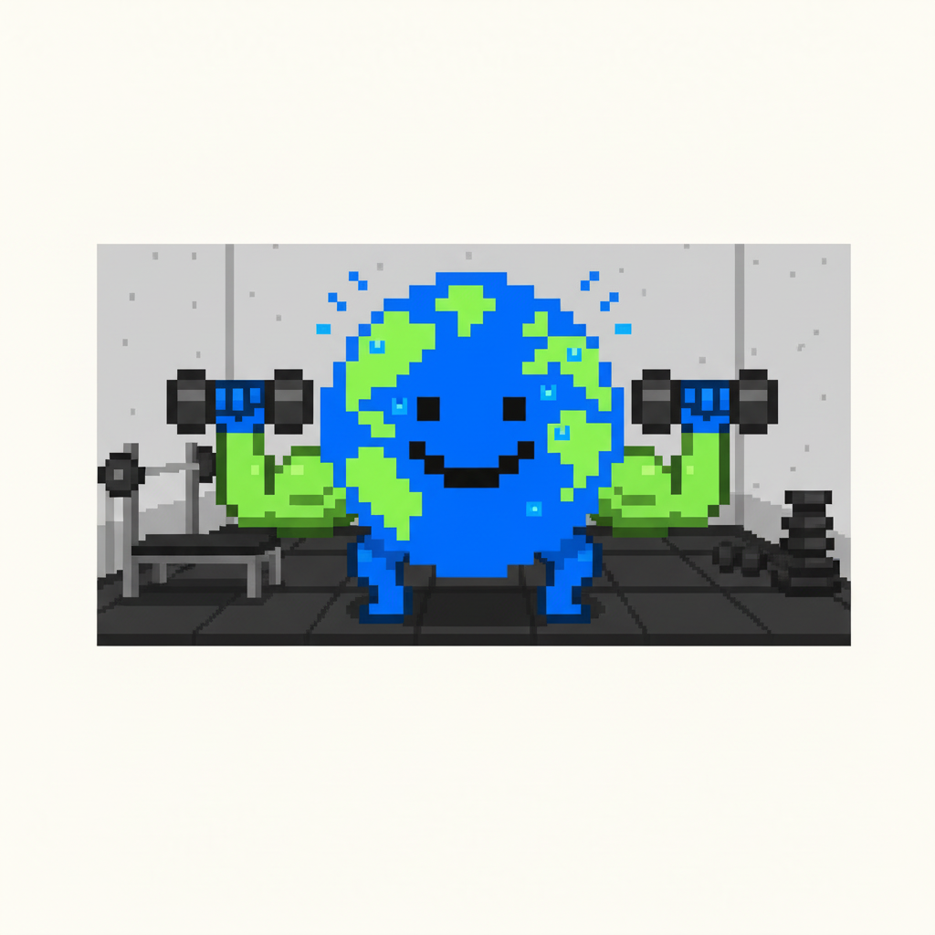 Mascot, dramatically flexing in a cramped gym, struggles to lift a single, tiny dumbbell.