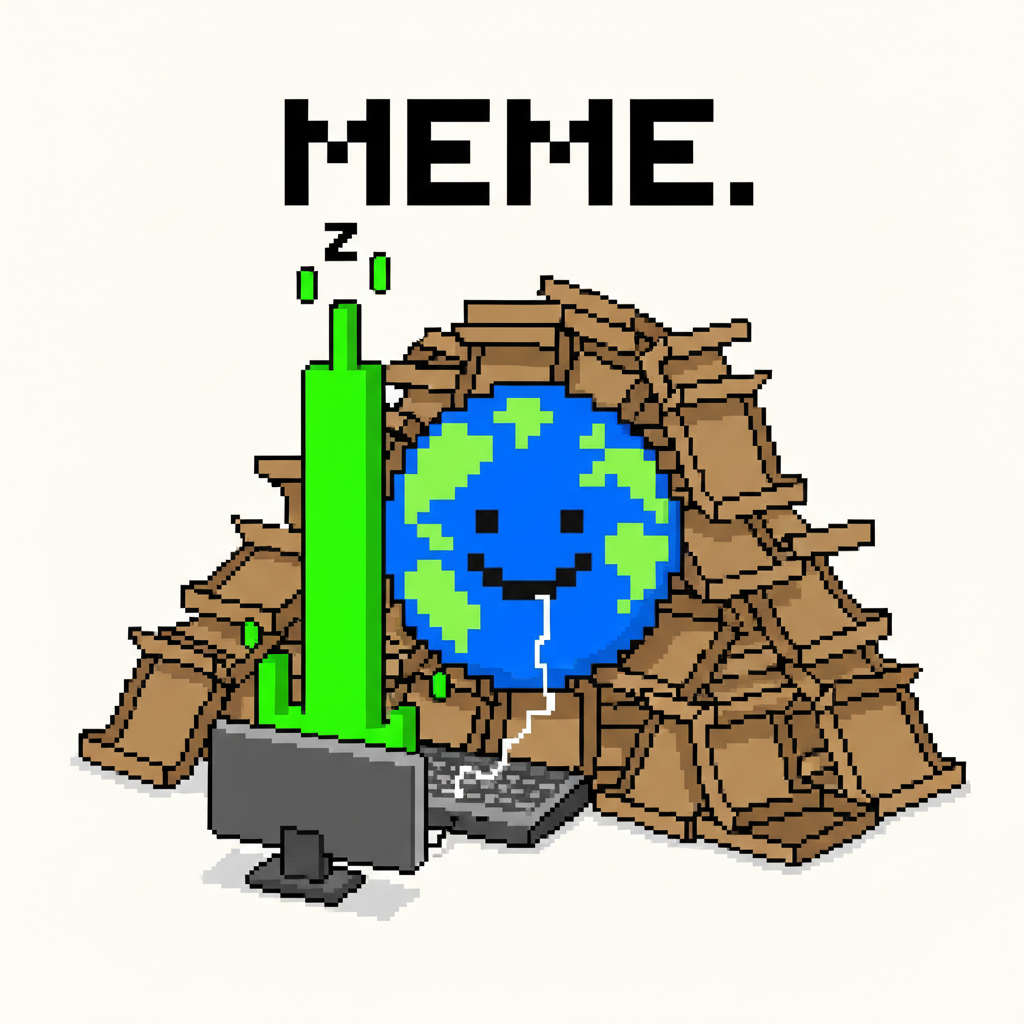 MEME. Mascot, asleep in a mountain of empty pizza boxes, drooling on its keyboard as a giant green candle erupts on screen.