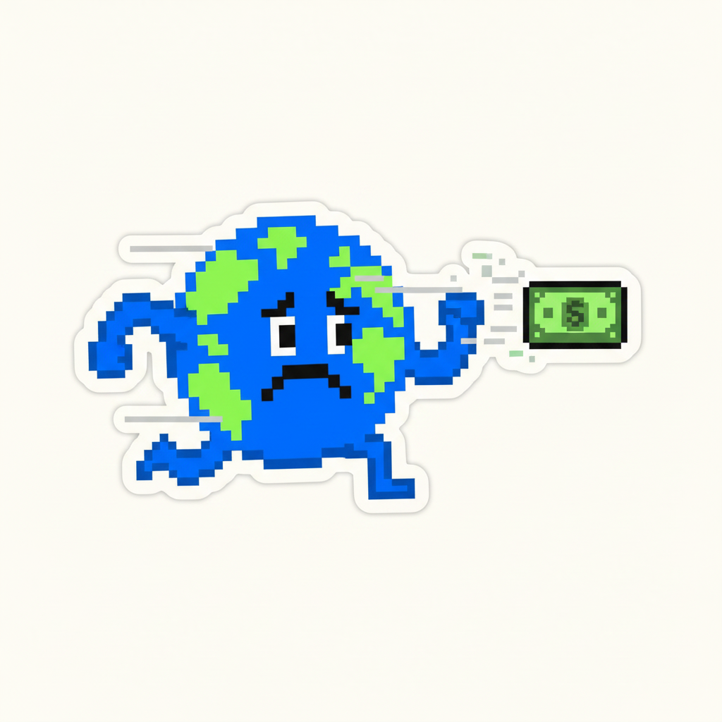 Mascot, caught mid-sprint, arms flailing, desperately chasing a single dollar bill blowing away in a strong wind.