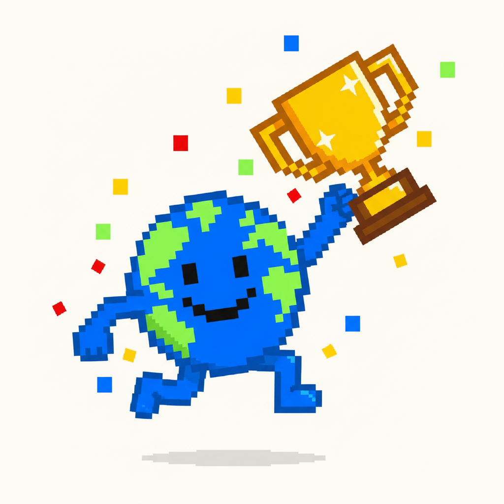 Mascot, mid-leap, reaching for a giant golden trophy just out of its grasp, confetti falling.