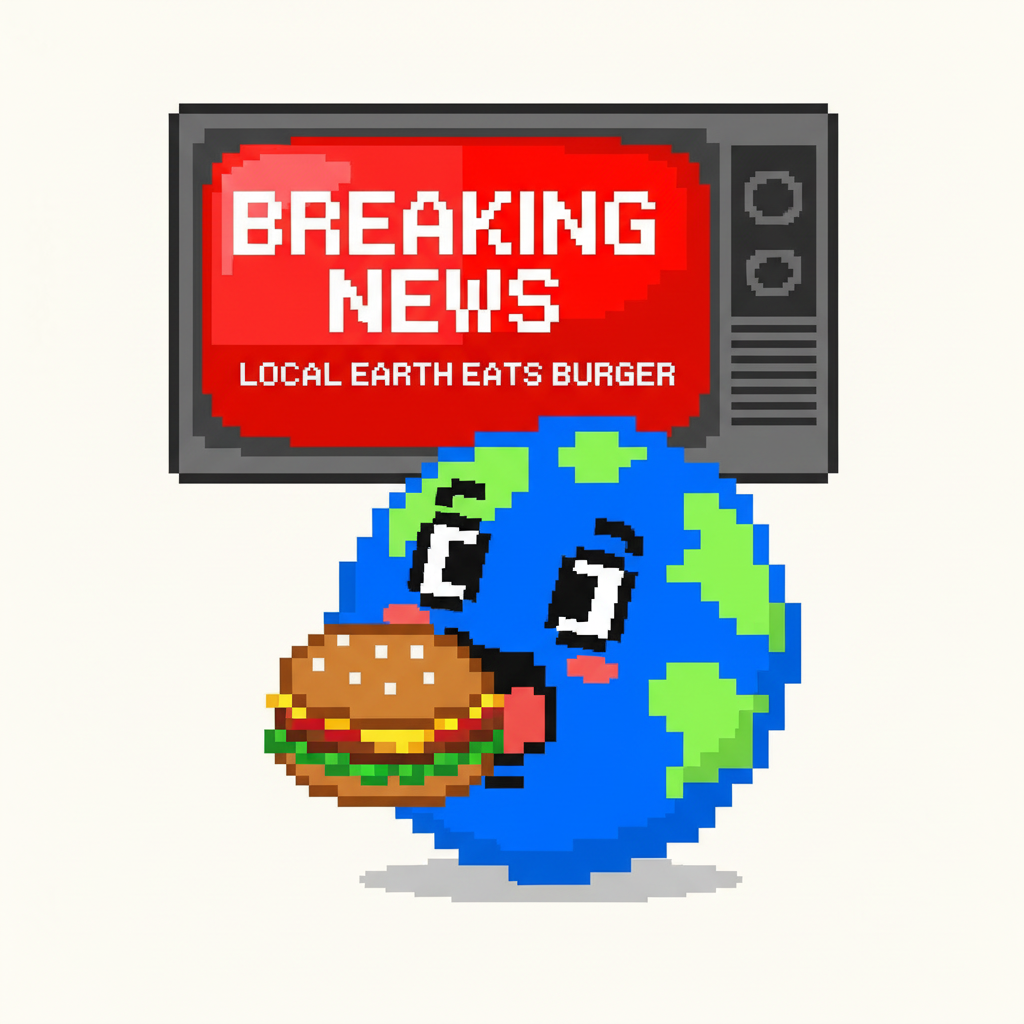 MEME. Mascot, startled, mid-bite into a generic fast-food burger, as a "breaking news" alert flashes across a TV screen behind it.
