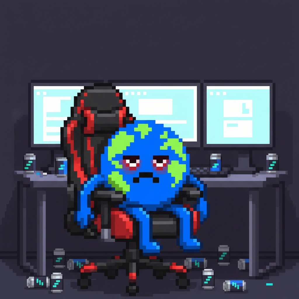 MEME. Mascot, slumped in a plush, oversized gamer chair, eyes bloodshot, surrounded by energy drink cans, staring blankly at multiple monitors.