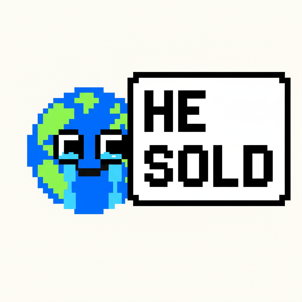 Mascot, wide-eyed, peeking out from behind a giant "HE SOLD" sign, tears welling up.
