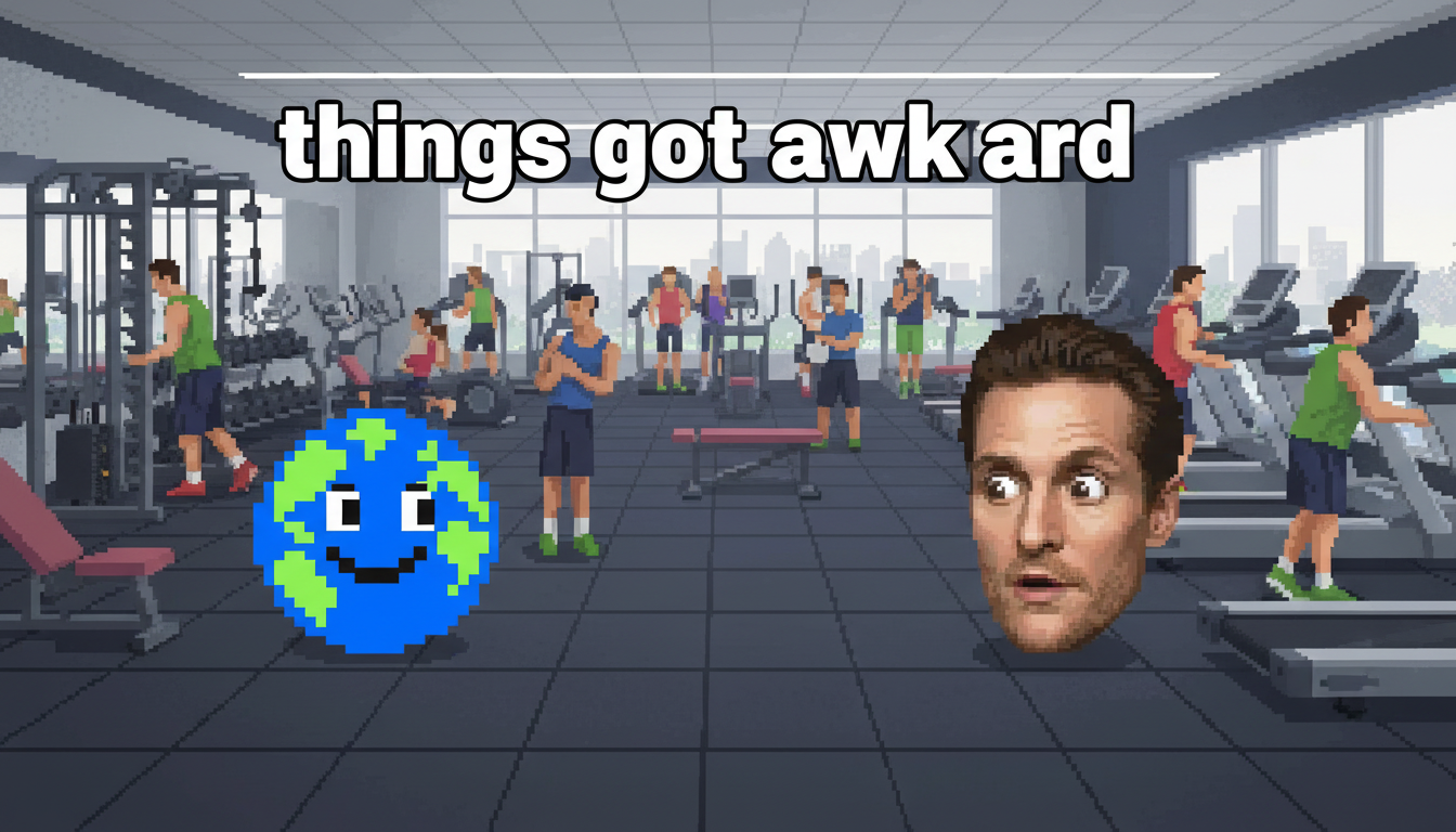 The first mascot and the second mascot, both wide-eyed, simultaneously spot each other across a crowded, high-end gym.