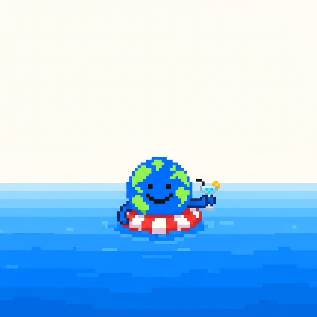 Mascot, on a tiny inflatable pool float, drifting in a vast, empty ocean, sipping a microscopic cocktail with a look of blissful ignorance.