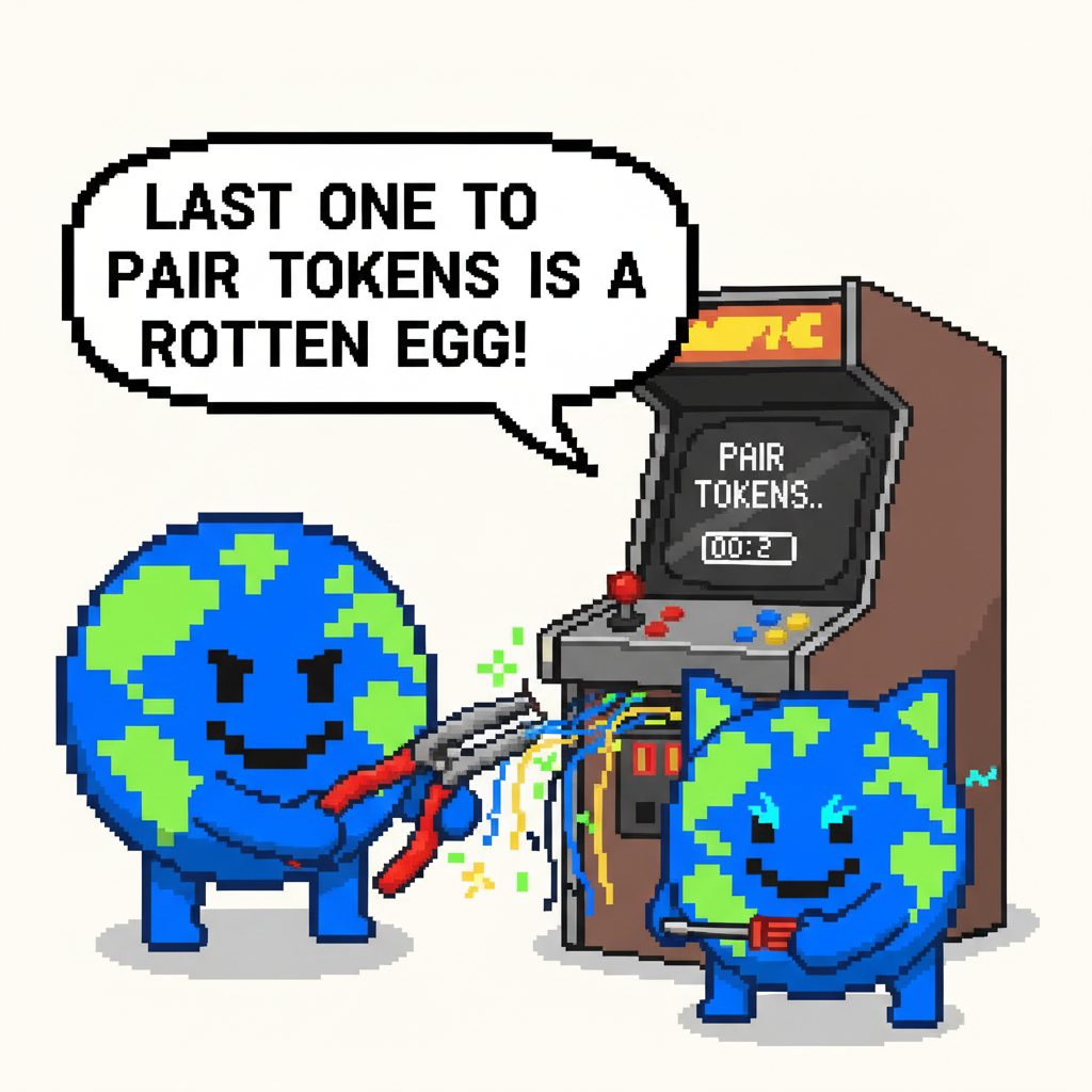 The first mascot and the second mascot, expertly hotwiring a vintage arcade machine, sparks flying as they race to "pair tokens.