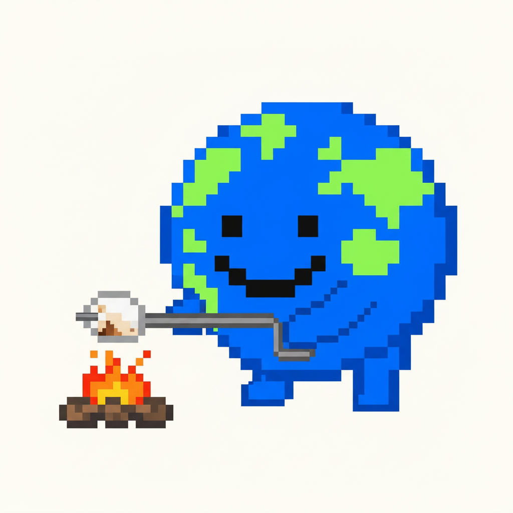 MEME. Mascot, hunched over a tiny, flickering campfire, meticulously toasting a single marshmallow on a bent clothes hanger.