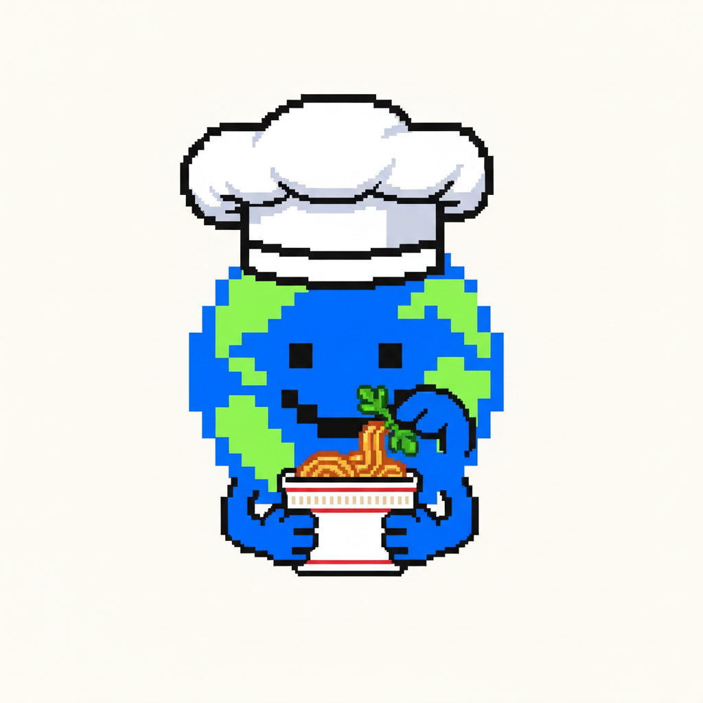 Mascot, wearing an oversized chef's hat, meticulously garnishing a single instant ramen cup with a sprig of parsley.