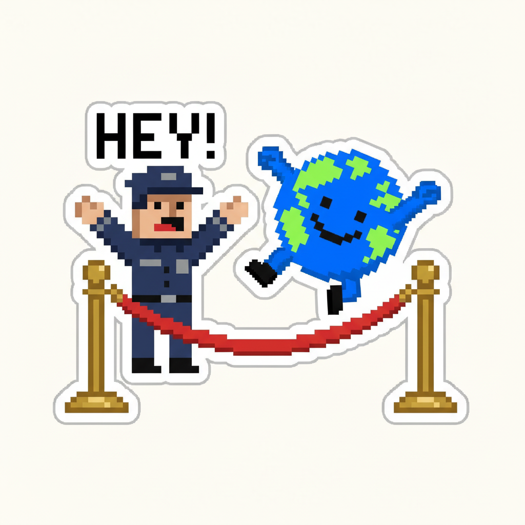 Mascot, mid-air, having just leapt over a velvet rope, a security guard in the background yelling "HEY!".