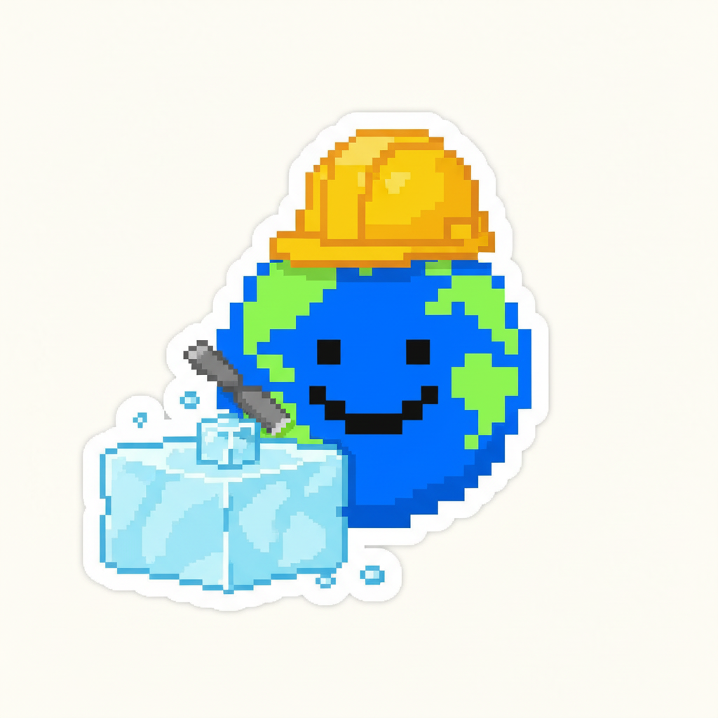 Mascot, wearing a tiny, ill-fitting construction helmet, painstakingly chiseling a single, perfectly square ice cube from a giant block of ice.