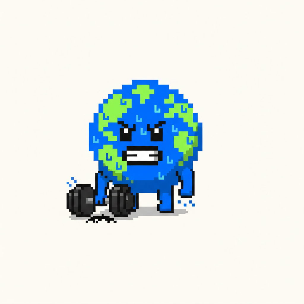 Mascot, covered in sweat, straining to lift an impossibly heavy, comically small dumbbell.