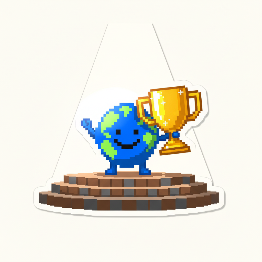 Mascot, dramatically illuminated by a single spotlight, accepting a comically oversized, sparkling trophy on a grand stage.