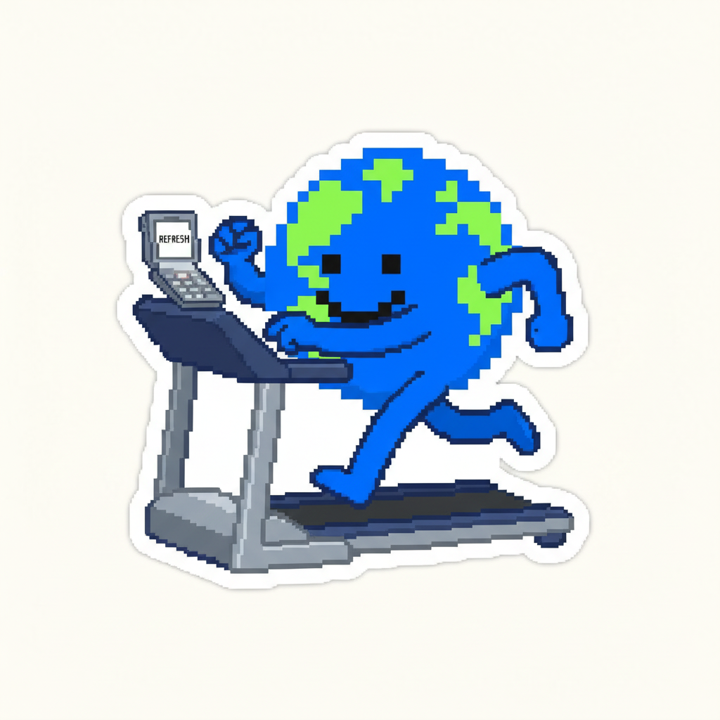 Mascot, mid-sprint on a treadmill, furiously refreshing a tiny flip phone balanced precariously on the console.