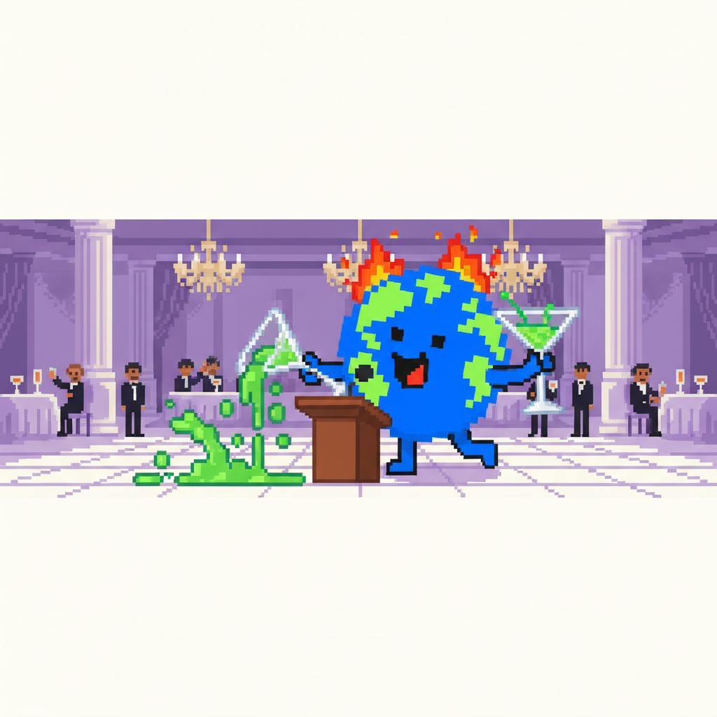 Mascot, mid-sentence, spilling a comically large martini glass while delivering a fiery speech on a tiny podium at a gala.