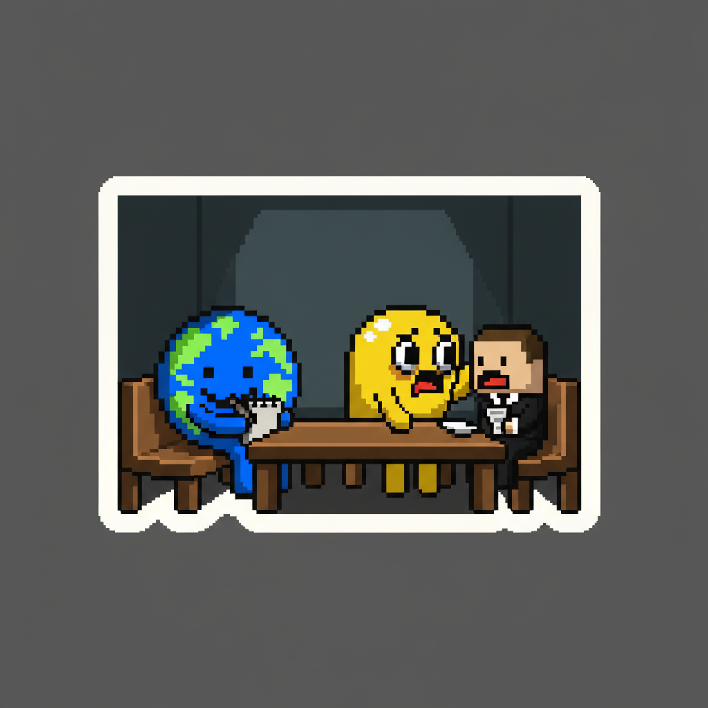 Mascot, in a dimly lit court, sketching another mascot who is frantically whispering to its lawyer, eyes wide with panic.