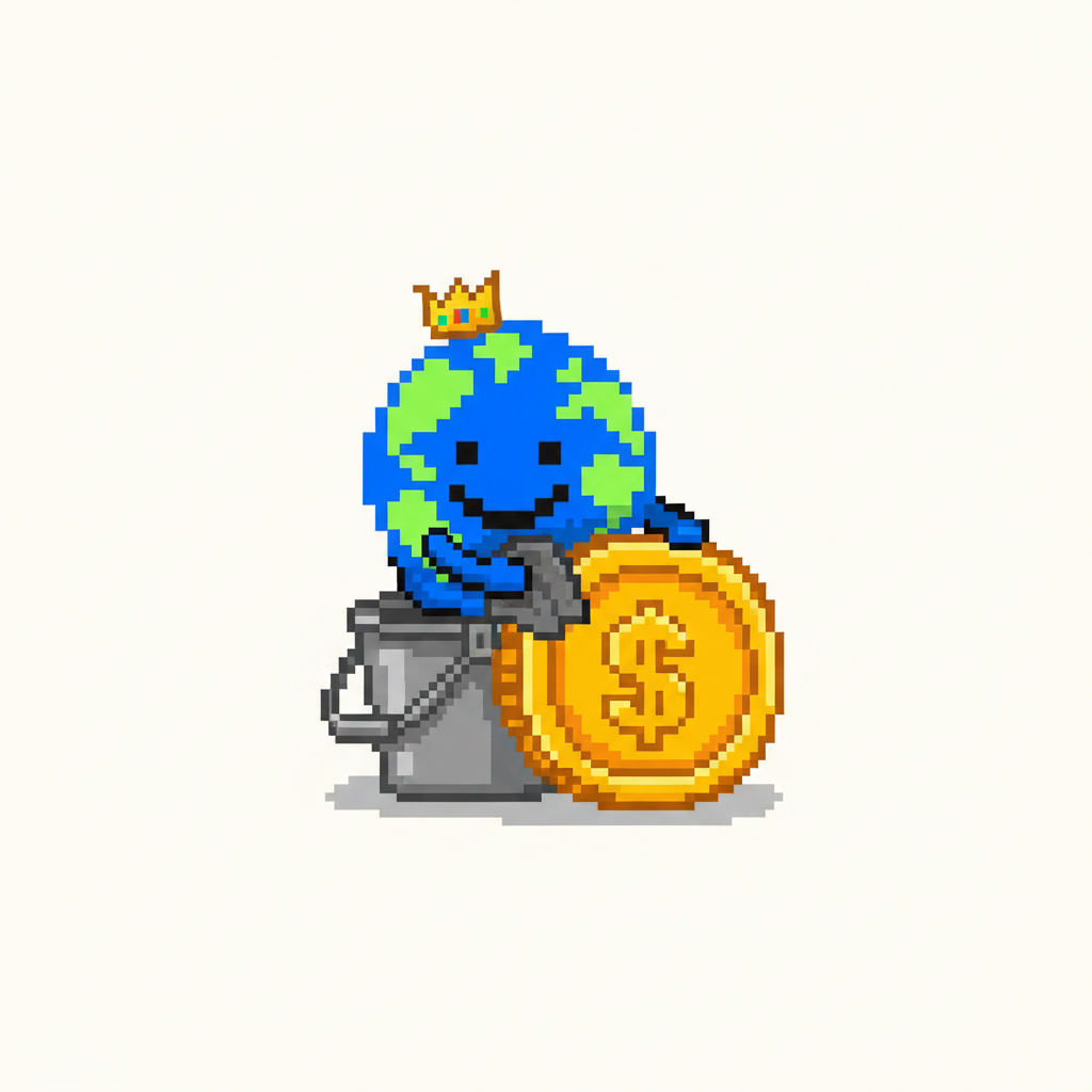 Mascot, wearing an absurdly small crown, meticulously polishing a single, gigantic gold coin while sitting on a overturned bucket.