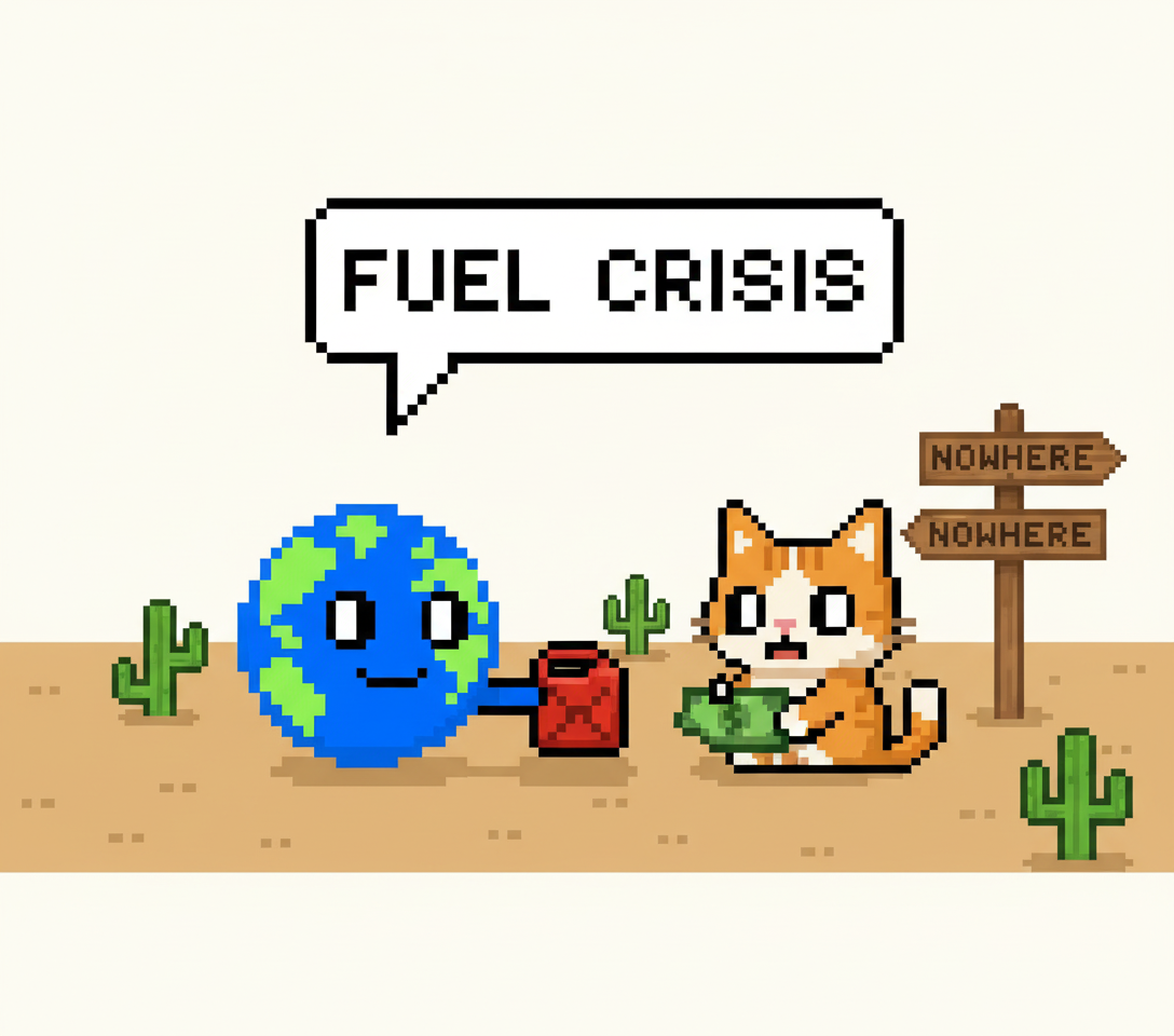 The first mascot and the second mascot, both wide-eyed, silently exchanging an empty gas can and a single crumpled dollar bill at a deserted desert crossroads.