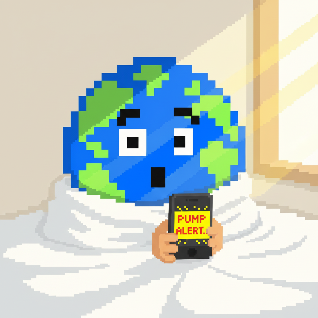 Mascot, startled awake, tangled in bedsheets, sunlight streaming through a window to reveal a phone screen flashing "PUMP ALERT.