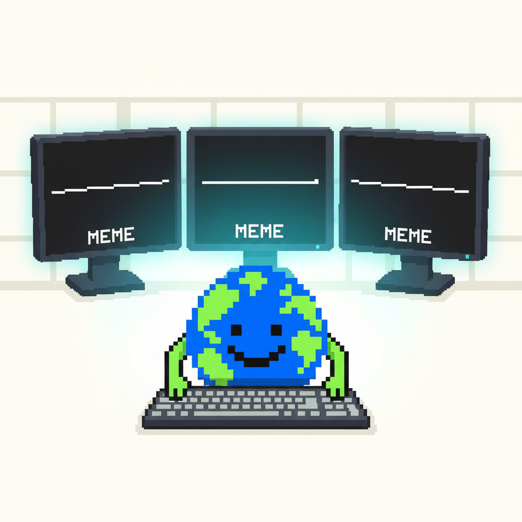 MEME. Mascot, slumped over a keyboard, face illuminated by a glow from three monitors displaying identical, flat lines.