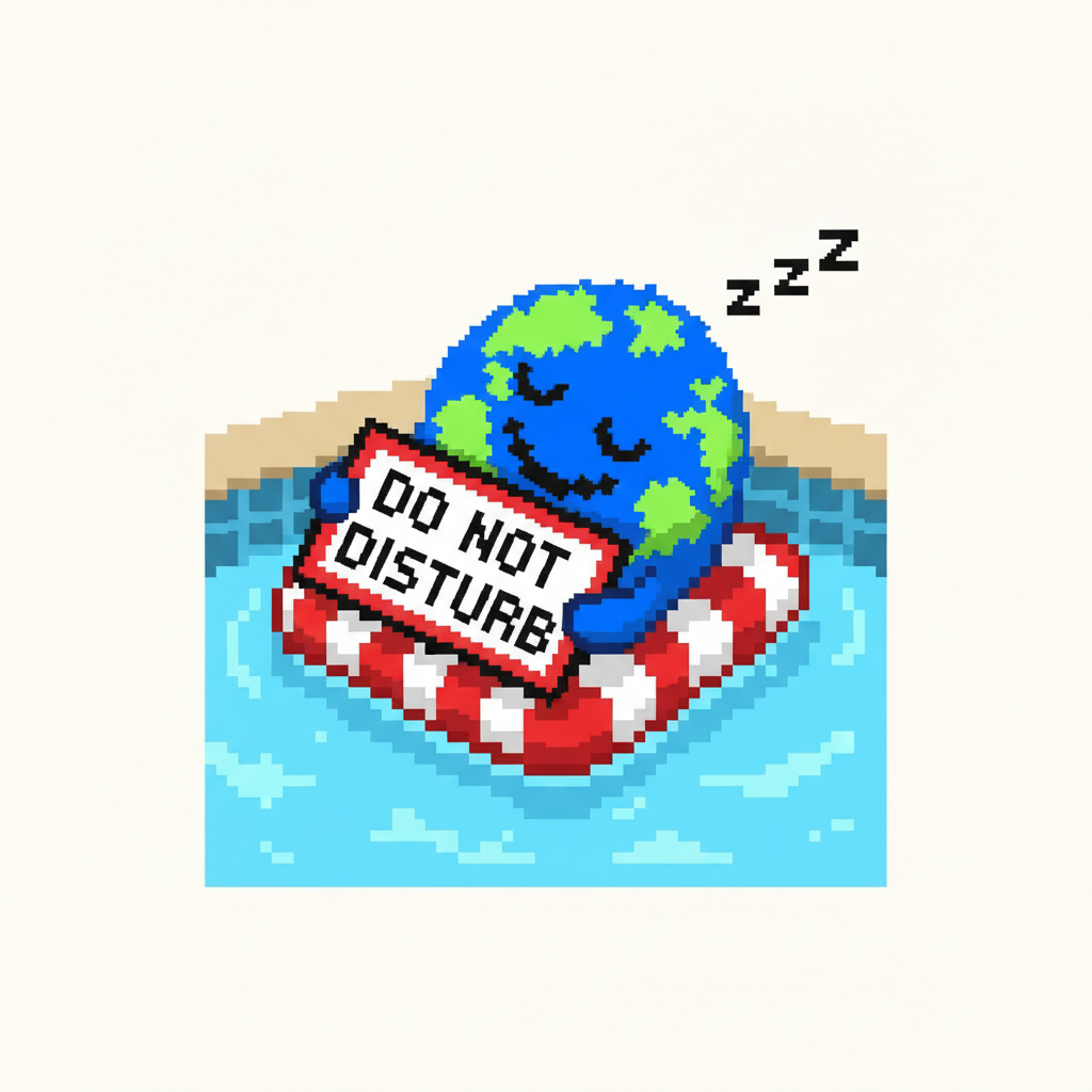 Mascot, on a tiny inflatable raft in a swimming pool, blissfully napping while holding a comically large "DO NOT DISTURB" sign.