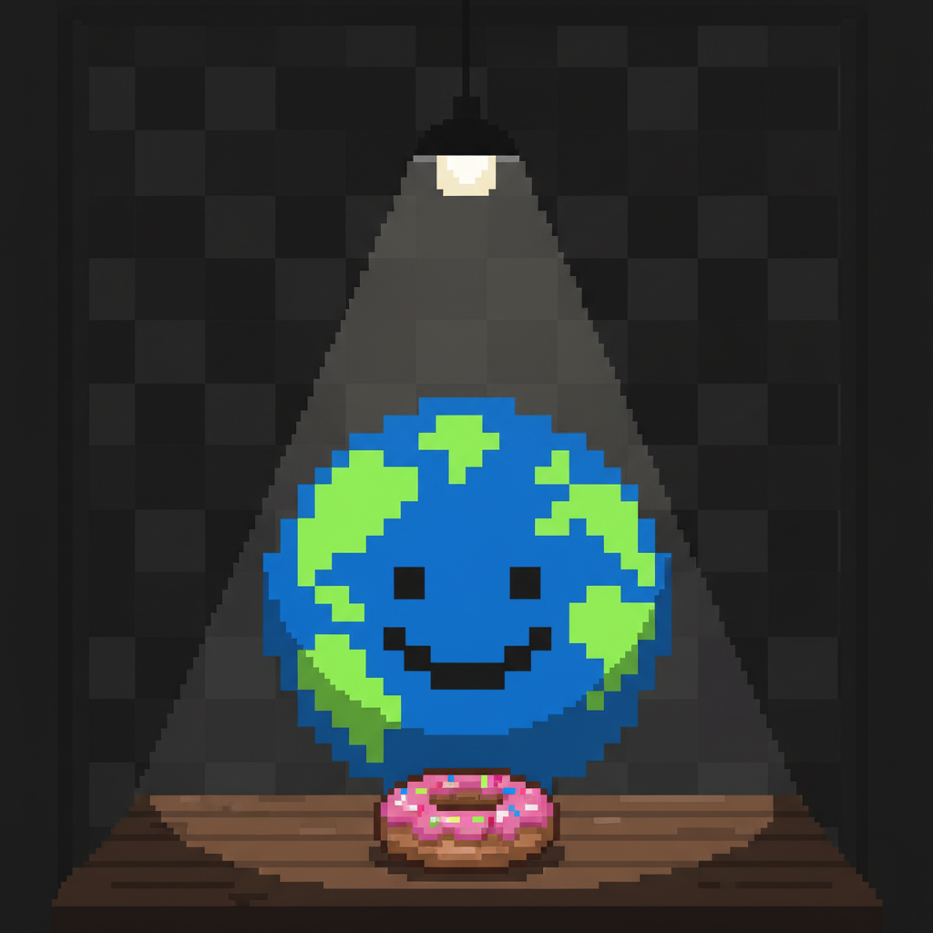 Mascot, in a dimly lit interrogation room, silently staring at a single donut on the table.