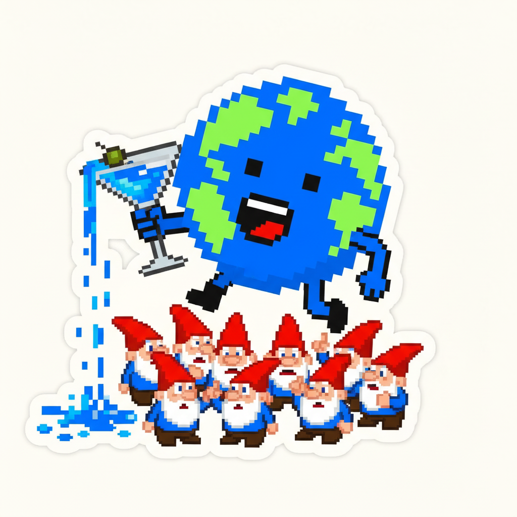 Mascot, mid-sentence, spilling a comically large martini glass while delivering an impassioned speech to a bewildered crowd of garden gnomes.