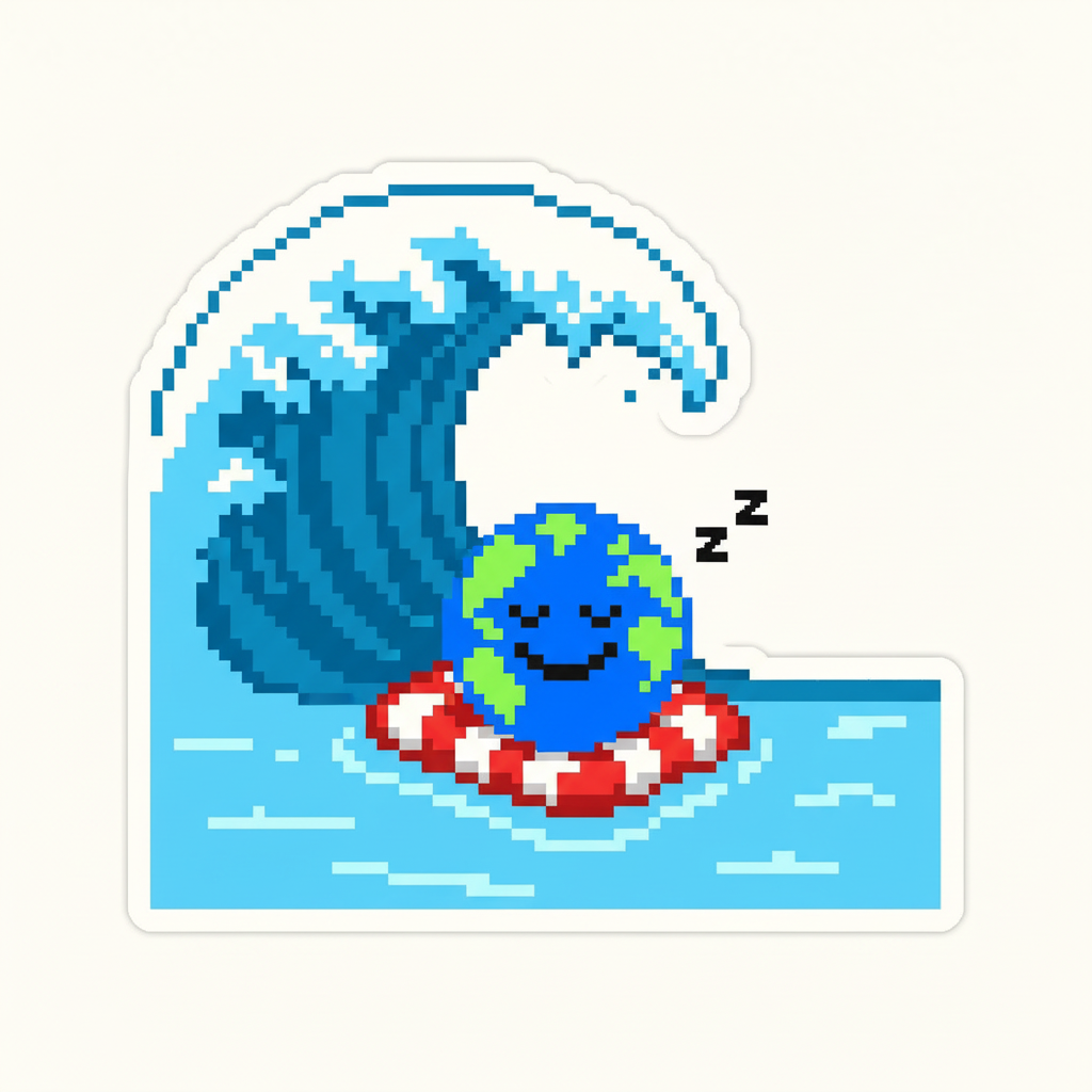 Mascot, on a tiny inflatable raft, blissfully napping in a swimming pool while a gigantic tidal wave crests silently behind them.