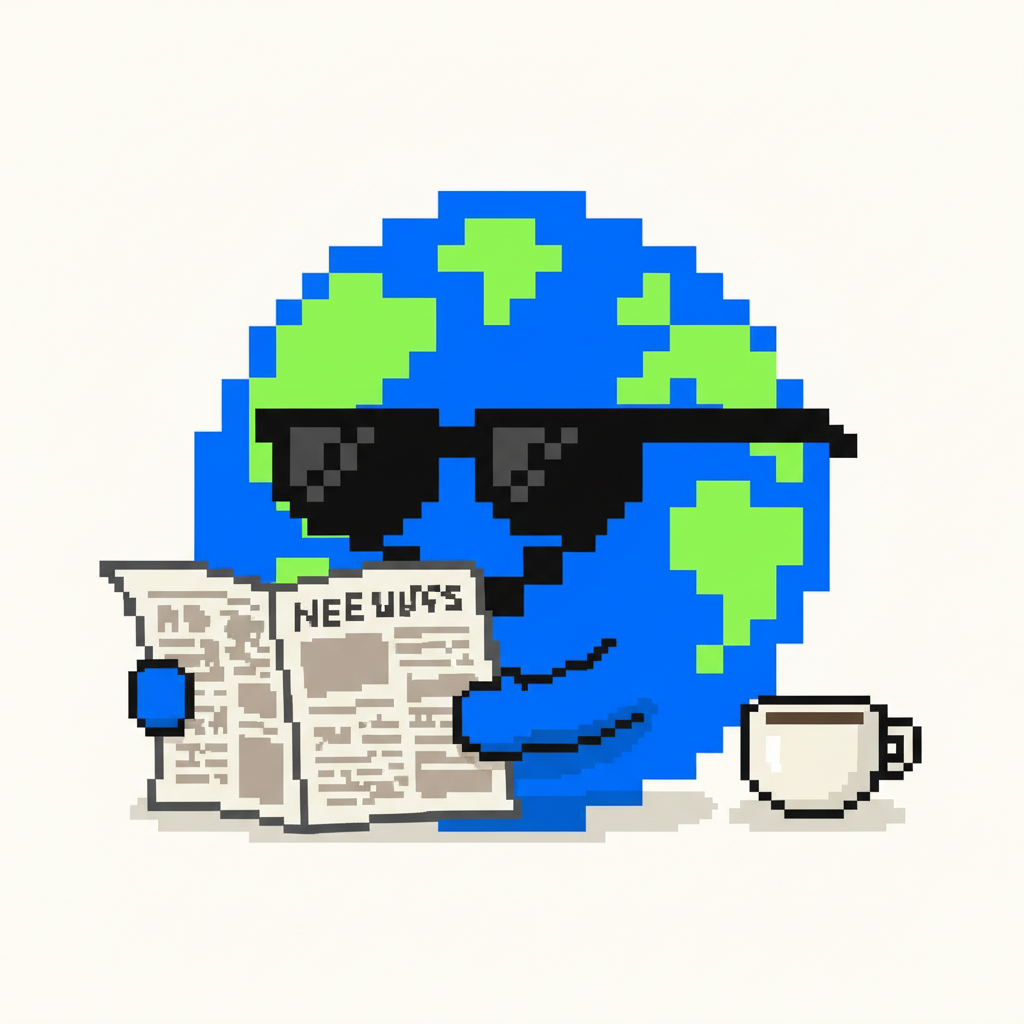 Mascot, wearing oversized sunglasses, attempting to read a newspaper held upside down, an empty coffee cup next to them.