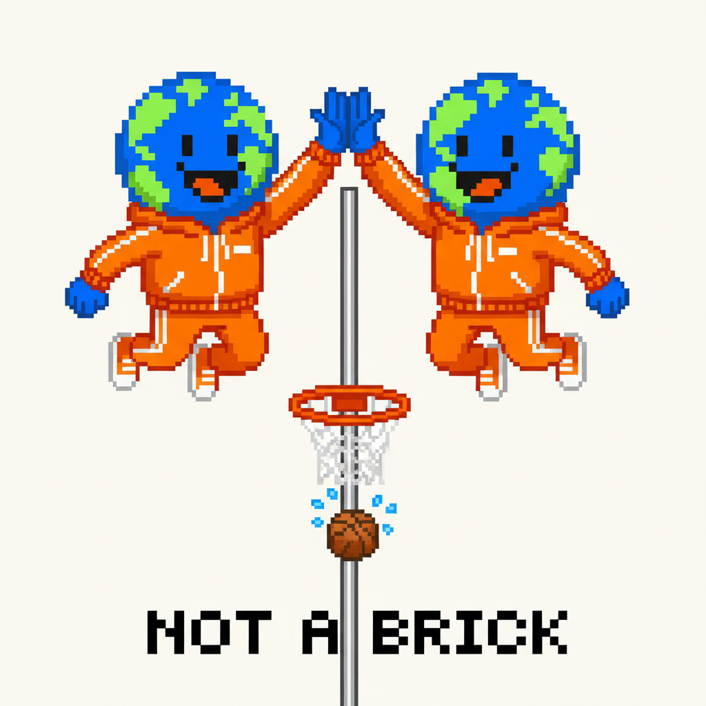 The first mascot and the second mascot, both wearing matching tracksuits, high-fiving each other mid-air after successfully dunking a tiny basketball into a ridiculously tall hoop.